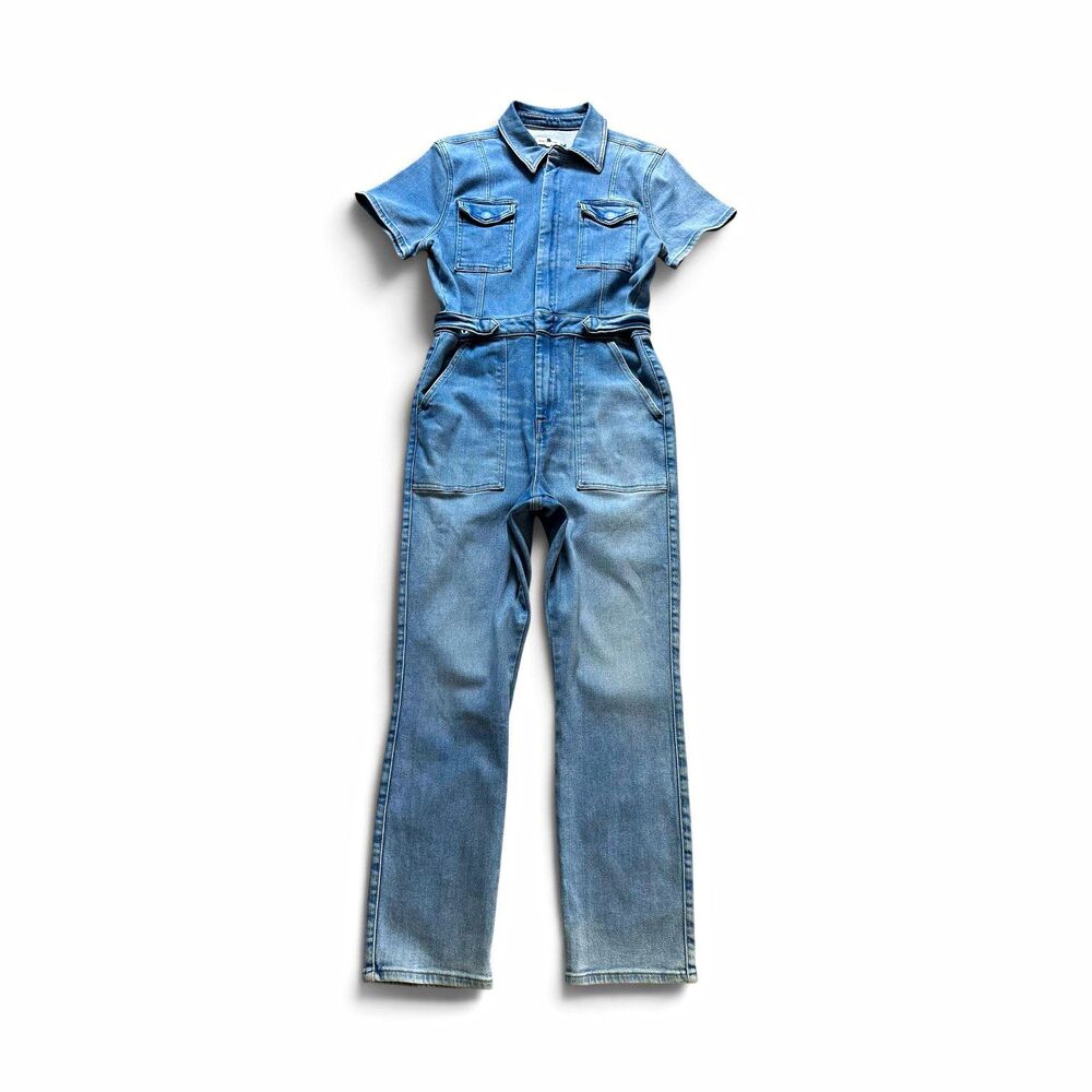 Good American Blue Denim Jumpsuit Women’s 4 Short Sleeve Zip Front Pockets